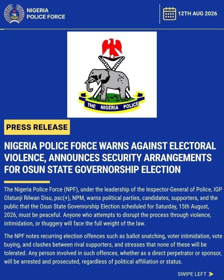 NIGERIA POLICE FORCE WARNS AGAINST ELECTORAL VIOLENCE, ANNOUNCES SECURITY ARRANGEMENTS FOR OSUN STATE GOVERNORSHIP ELECTION FB IMG 1786526837383