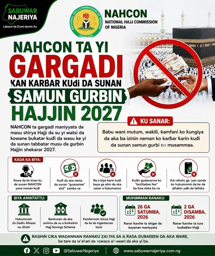 Hukumar Aikin Hajji ta kasa wato NAHCON , Ta Gargadi Maniyata su guji muamala da Yan Damfara Da Sunan Samun Gurbin Hajjin 2027 FB IMG 1786910718517